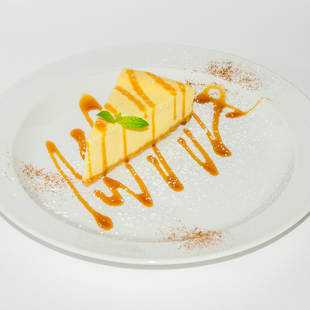 Кусок чизкейка с сиропом на большой белой тарелке 