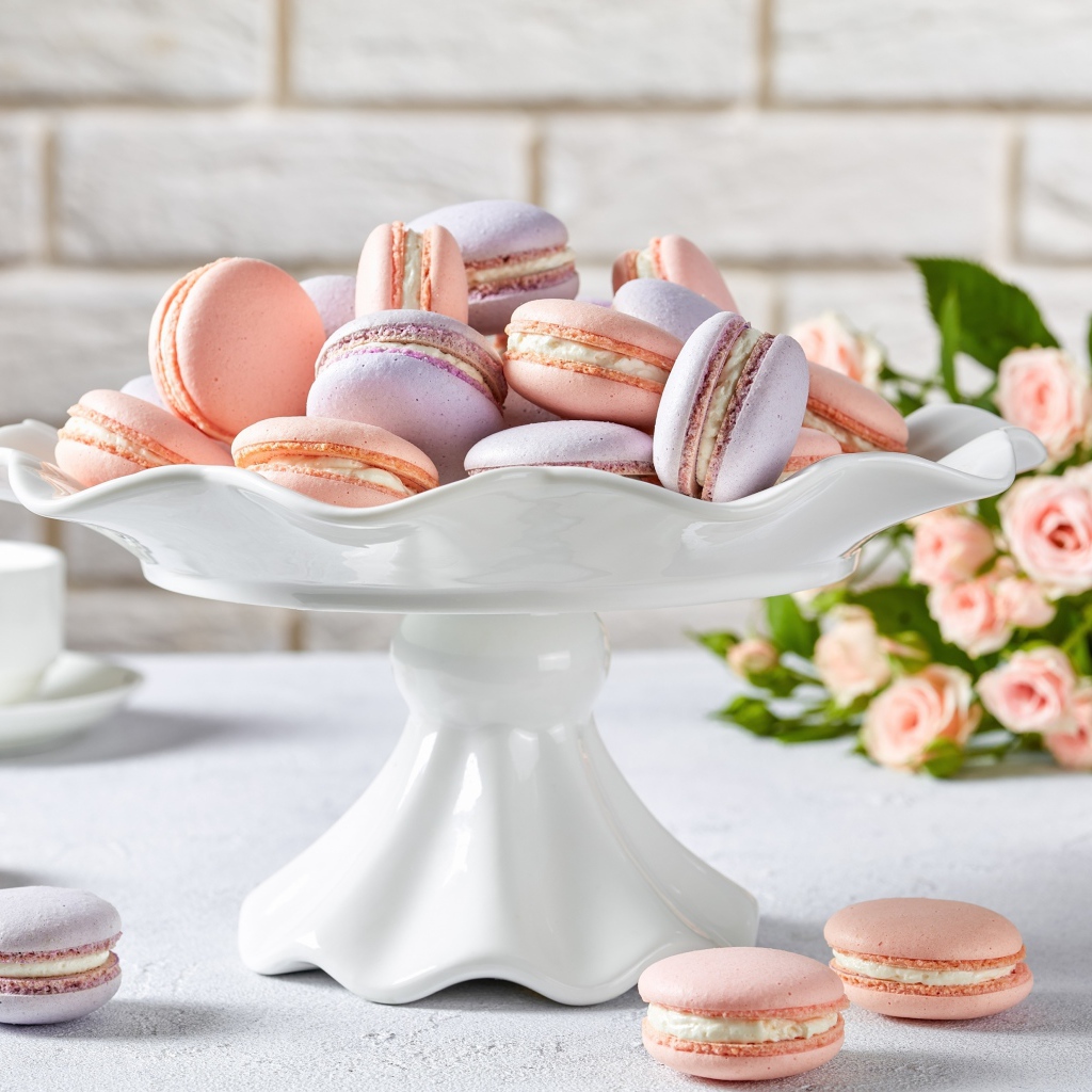Розовое и сиреневое печенье макарун в белой вазе