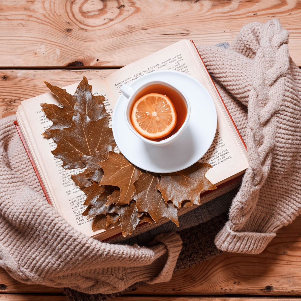 Чашка чая с лимоном на столе с книгой и теплой кофтой
