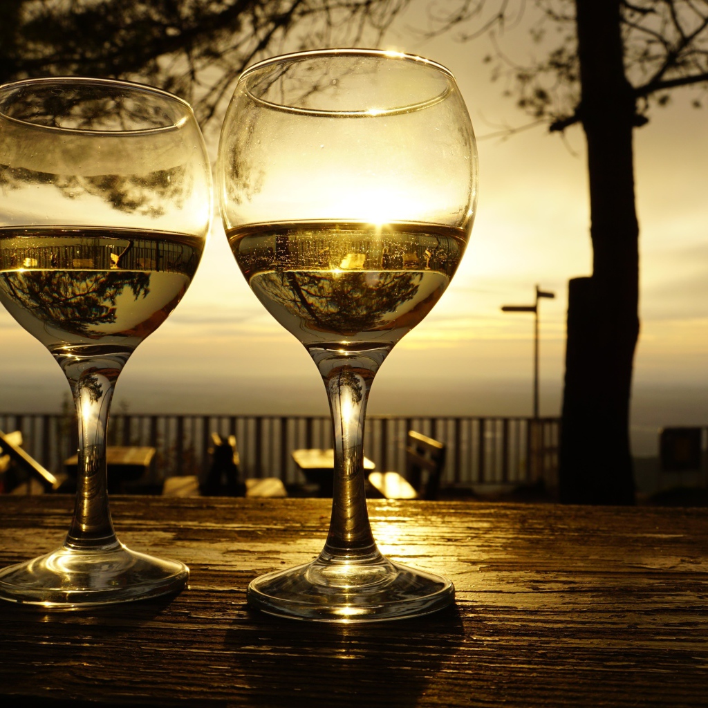 Два бокала белого вина на столе в лучах солнца