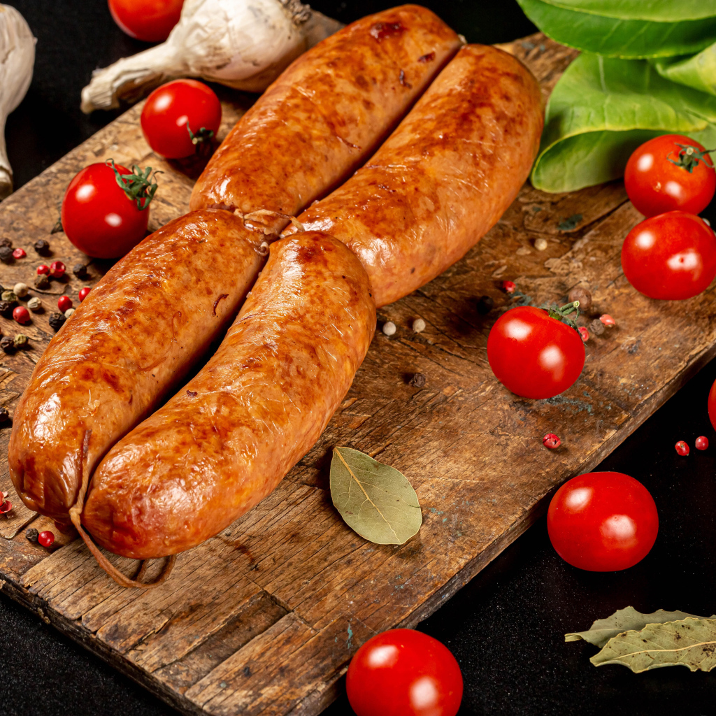 Мясные колбаски на доске с овощами