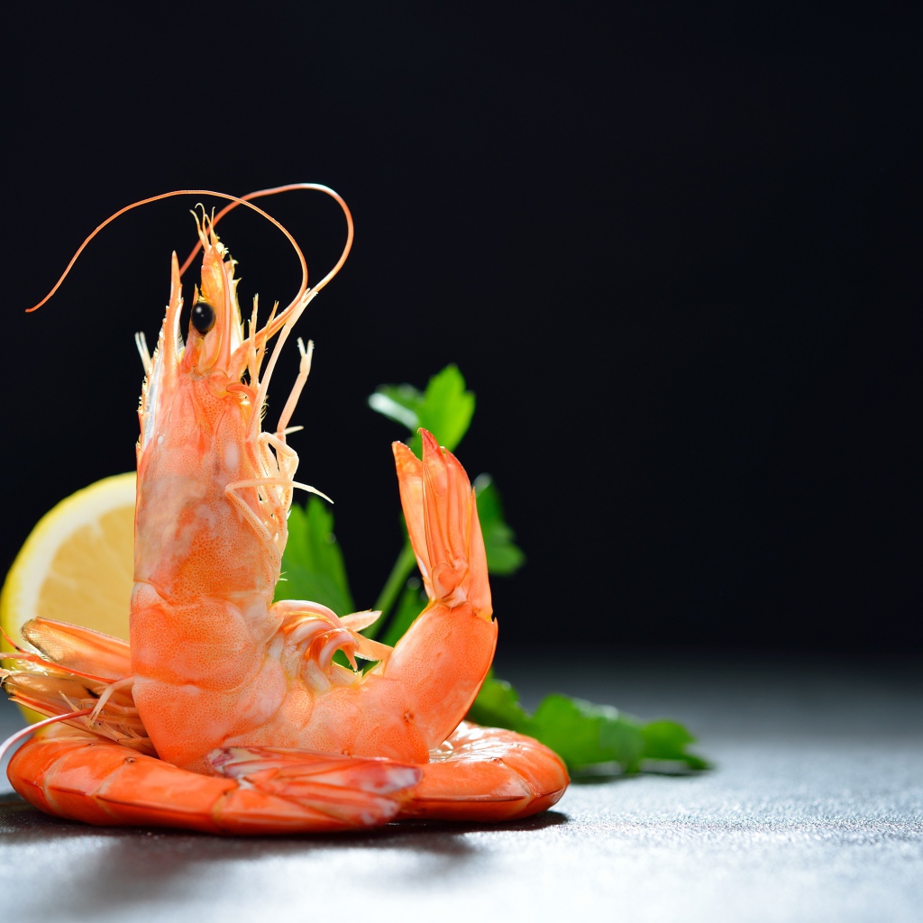 Boiled shrimp with lemon on a black background