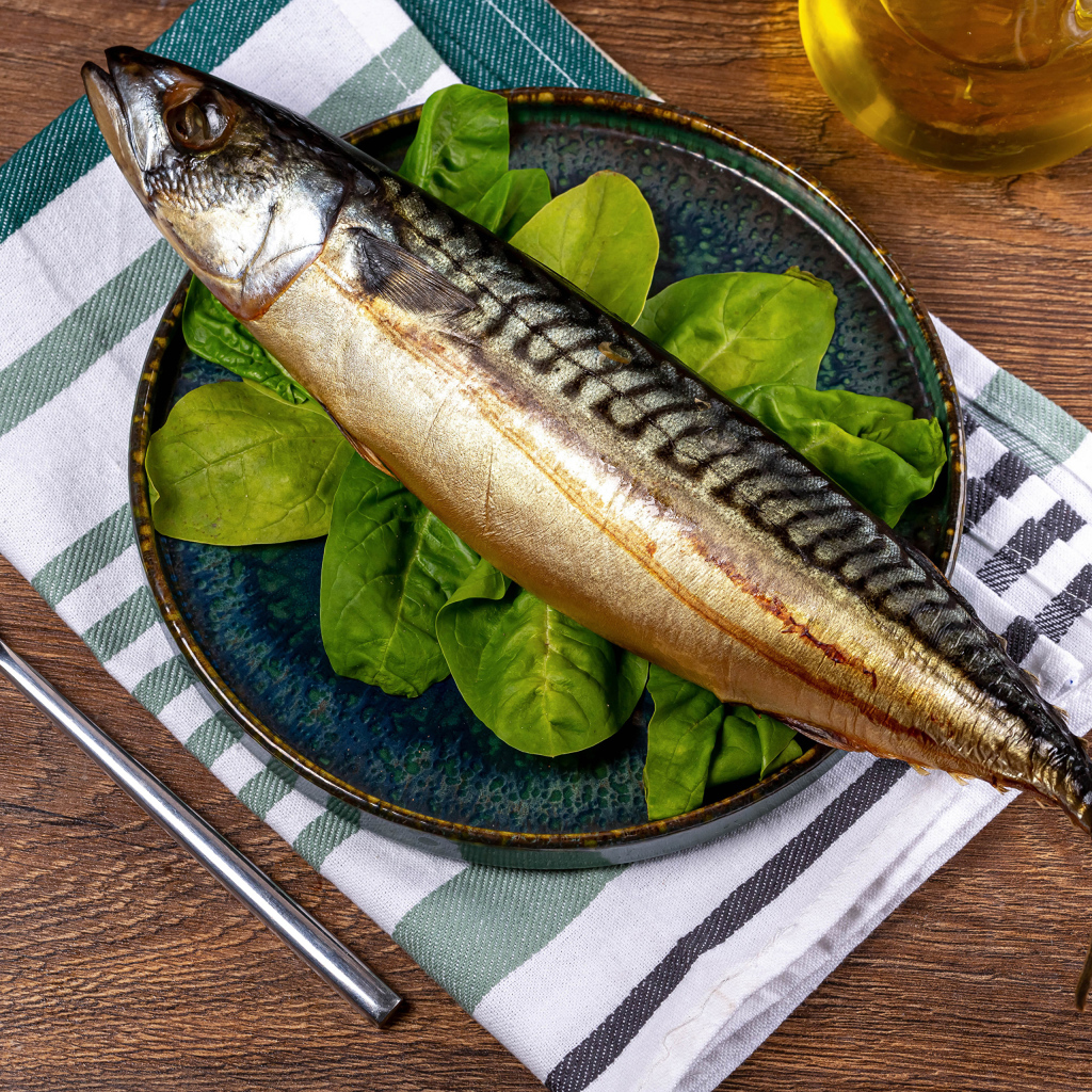 Большая жирная скумбрия на тарелке с базиликом