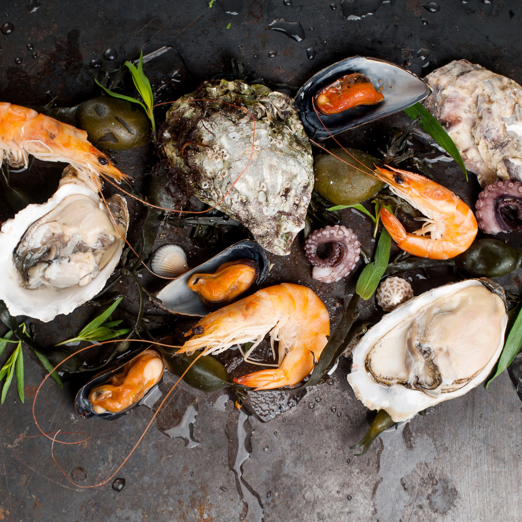 Мидии и креветки на черном столе 