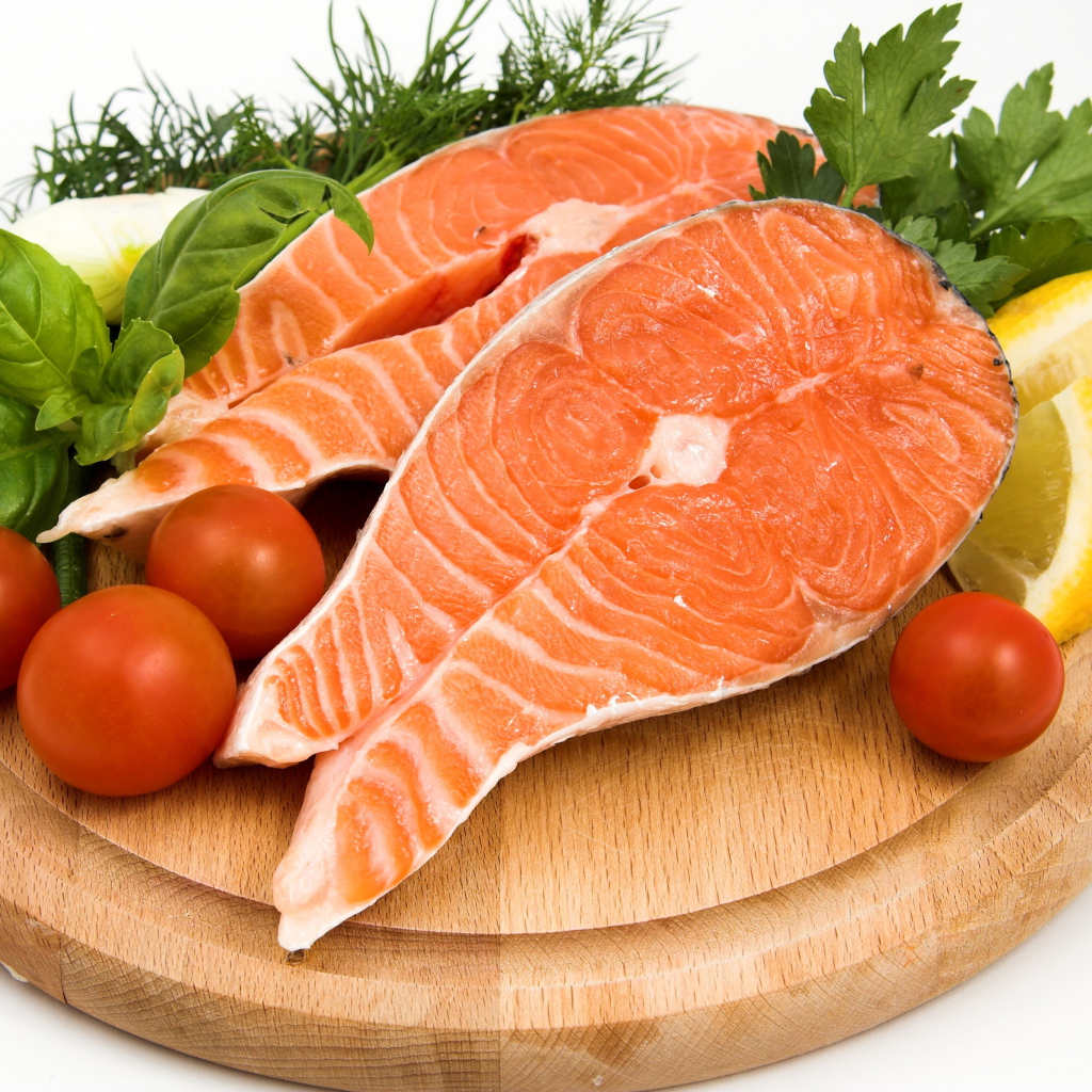 Два куска красной рыбы на доске с зеленью и помидорами