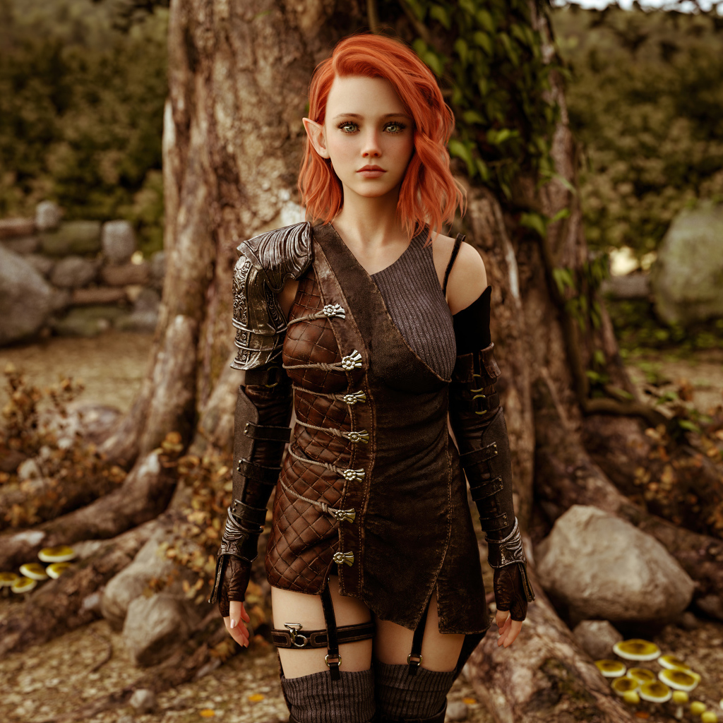 Девушка эльф стоит у дерева косплей