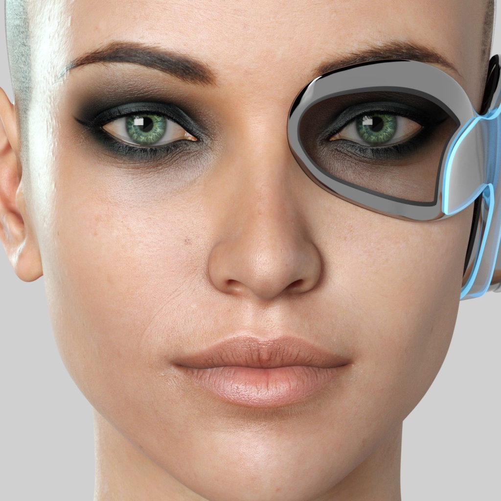 Лицо девушки киборга 3д на сером фоне 