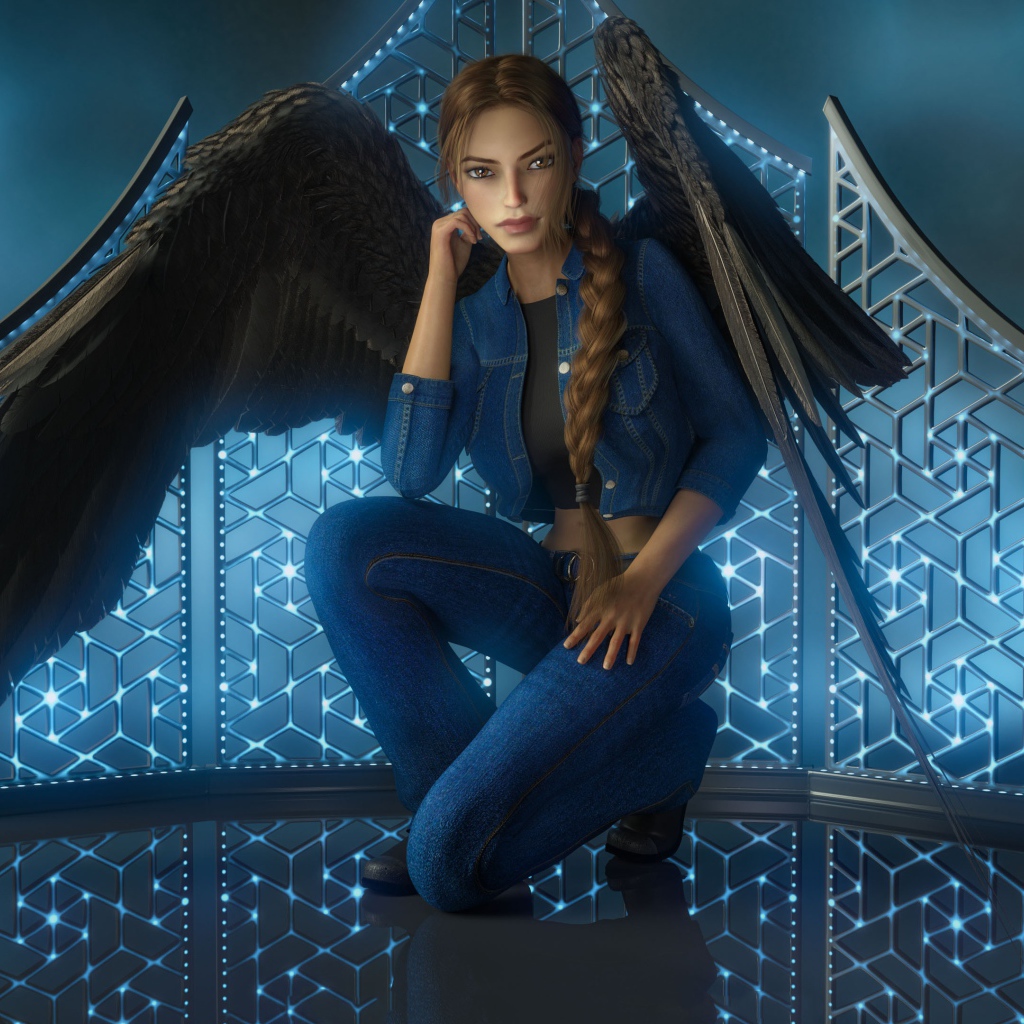 Девушка 3д с большими черными крыльями