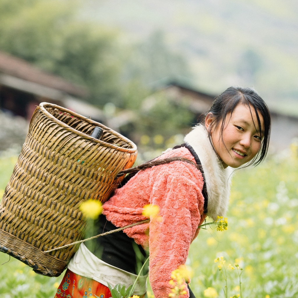 Девушка азиатка с корзиной на поле 