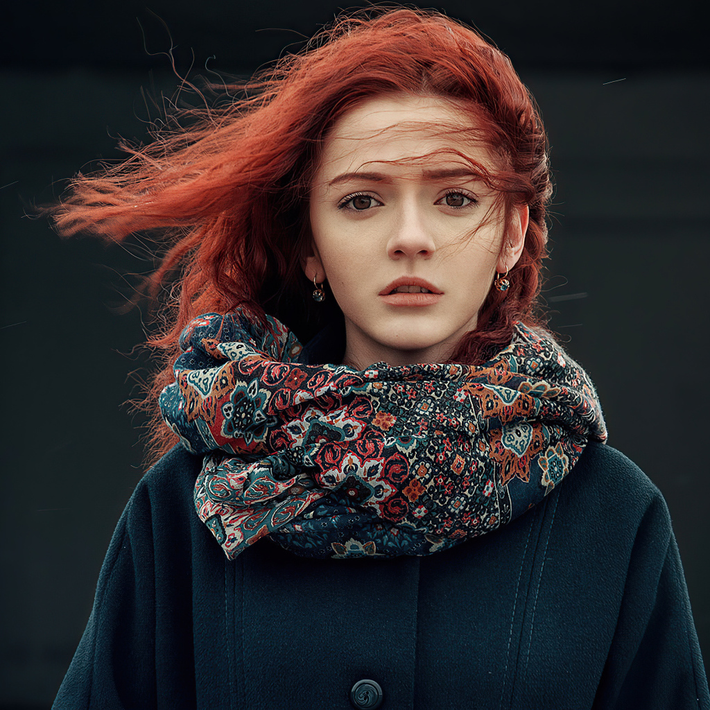 Ветер развивает волосы рыжеволосой девушки в пальто