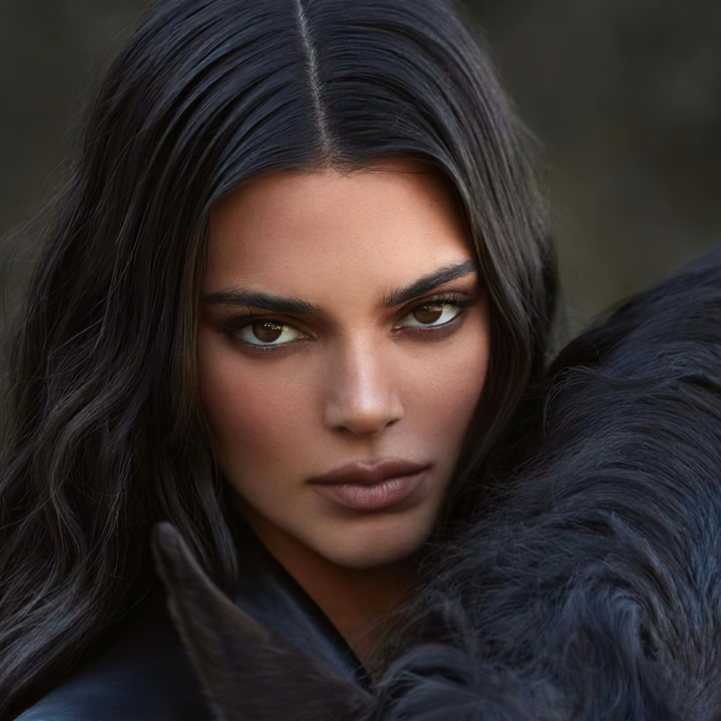 Длинноволосая девушка модель Кендалл Дженнер с конем