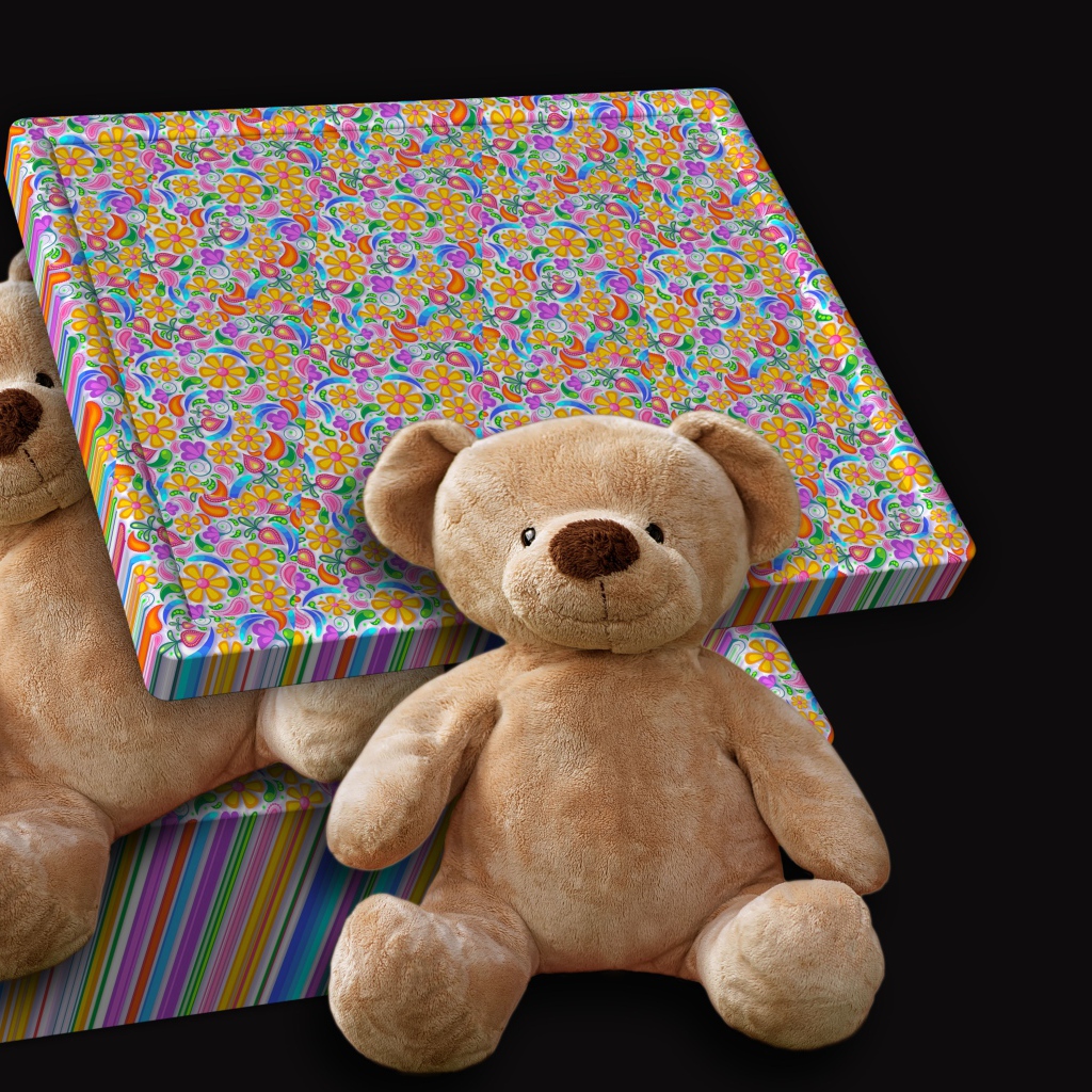 Подарок с плюшевыми медведями на черном фоне