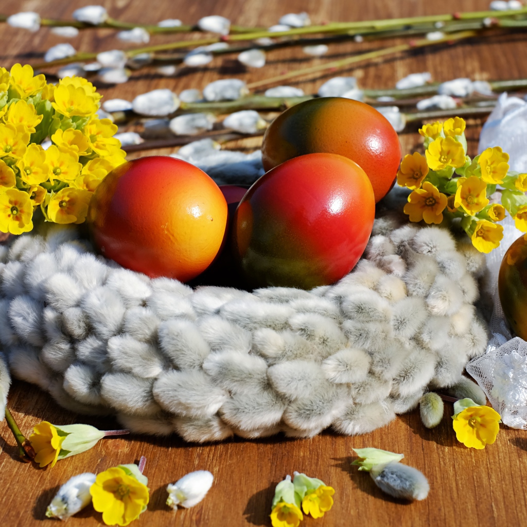 Яркие крашеные яйца с желтыми цветами и вербой на Пасху