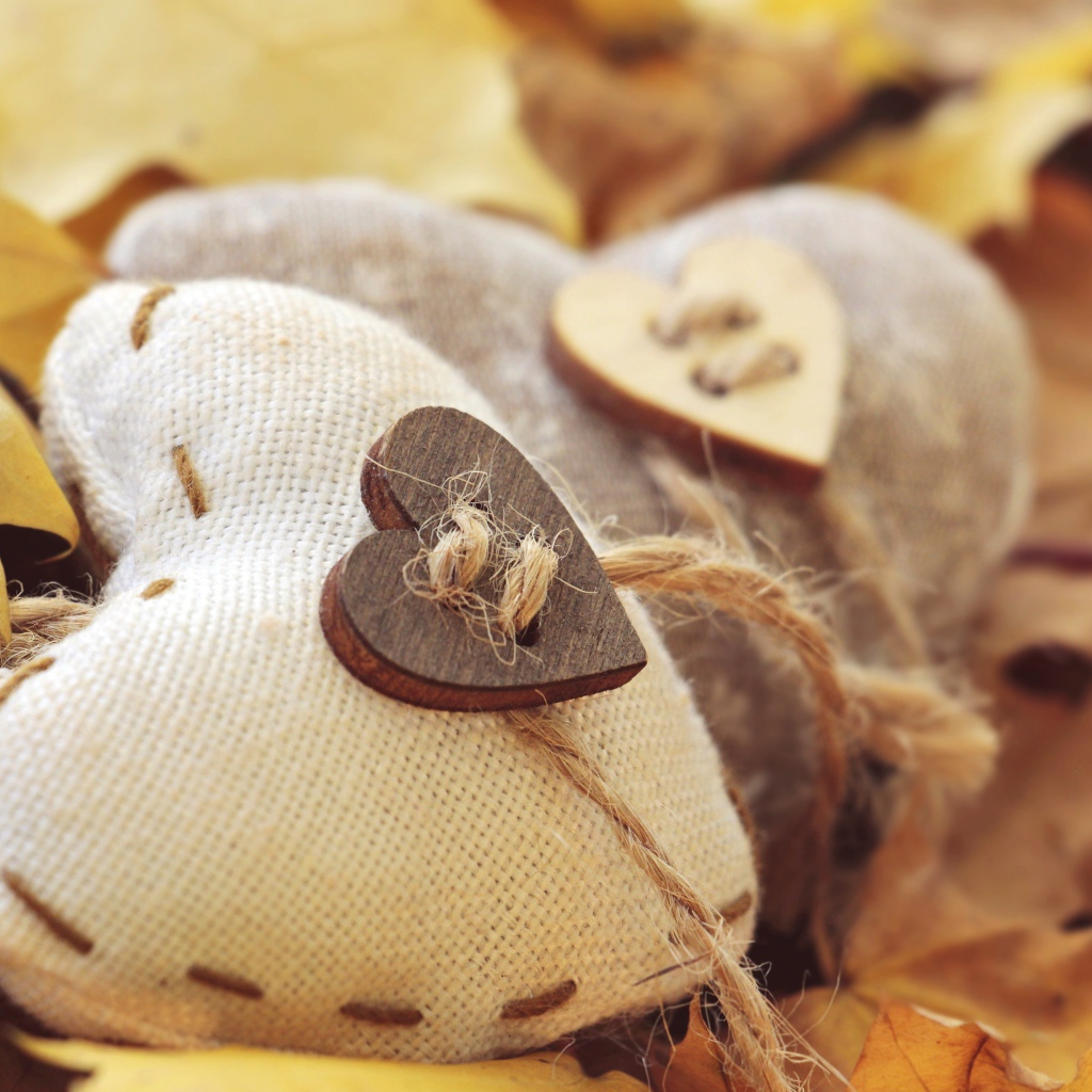 Два сердца из ткани лежит на земле с листьями 