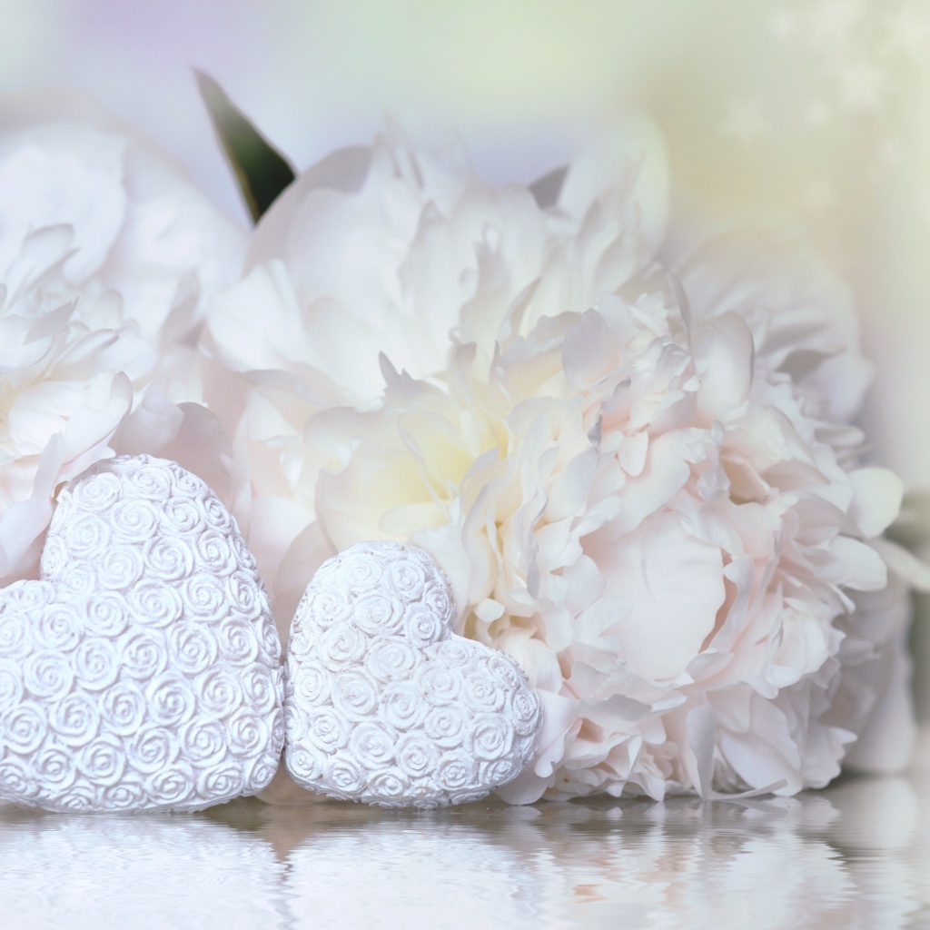 Два белых сердца с цветами пиона 