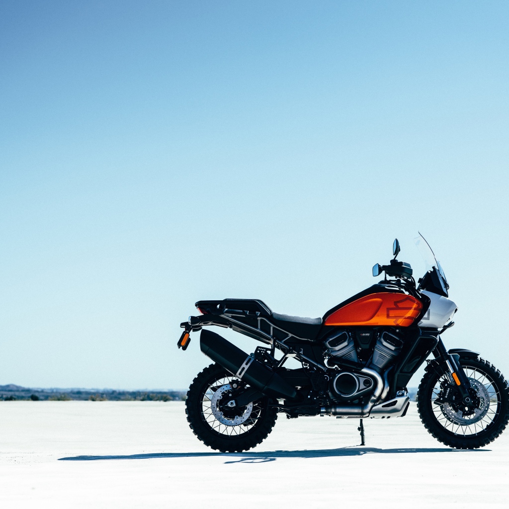 Stylish new 2021 Harley-Davidson Pan America motorcycle against the sky