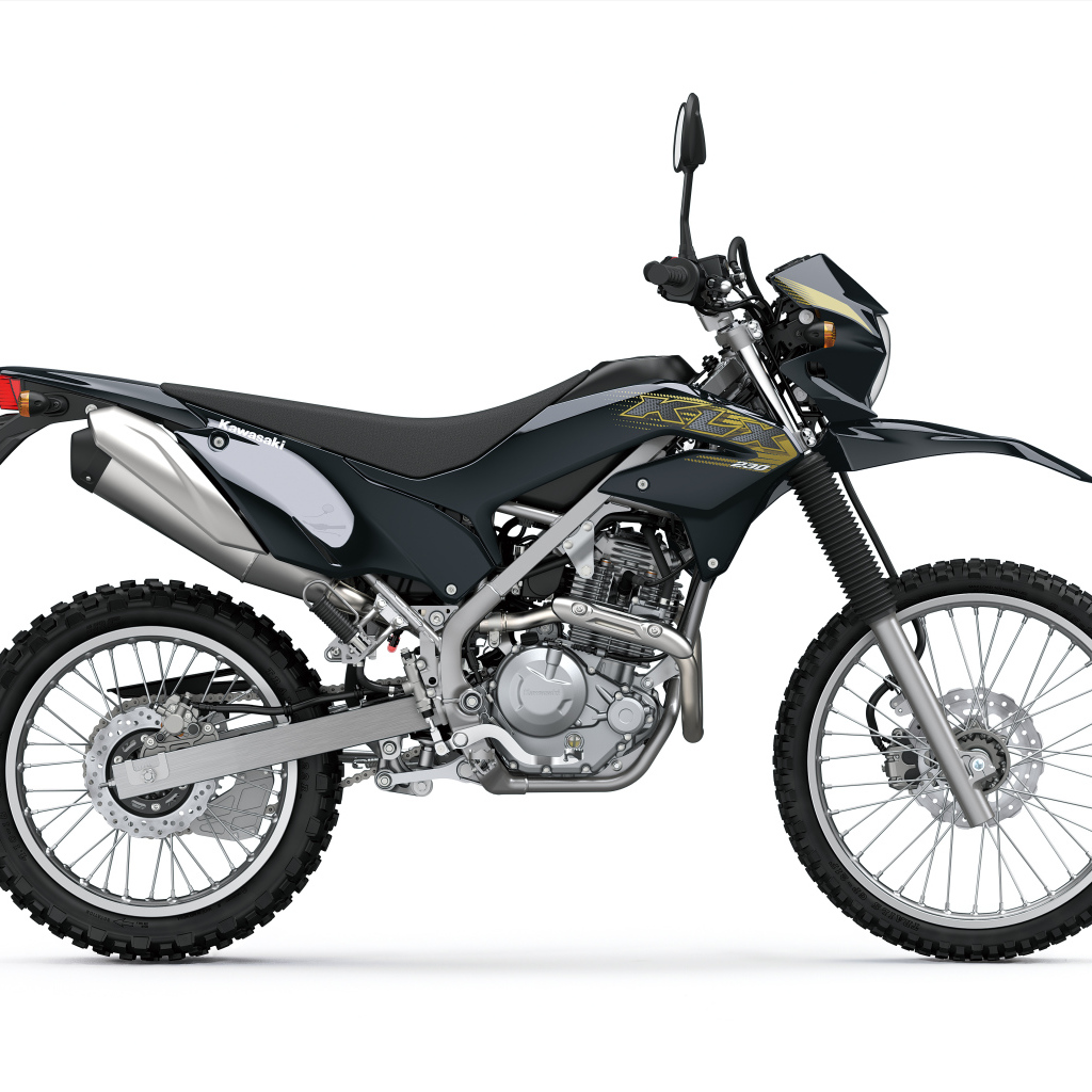 Гоночный мотоцикл Kawasaki KLX230 на белом фоне