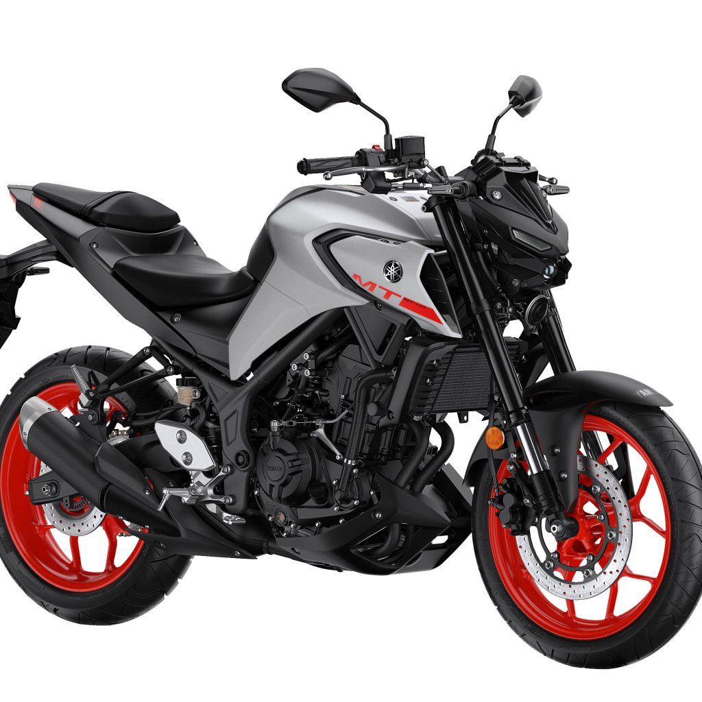 Black motorcycle Yamaha MT-03, 2021 against white background