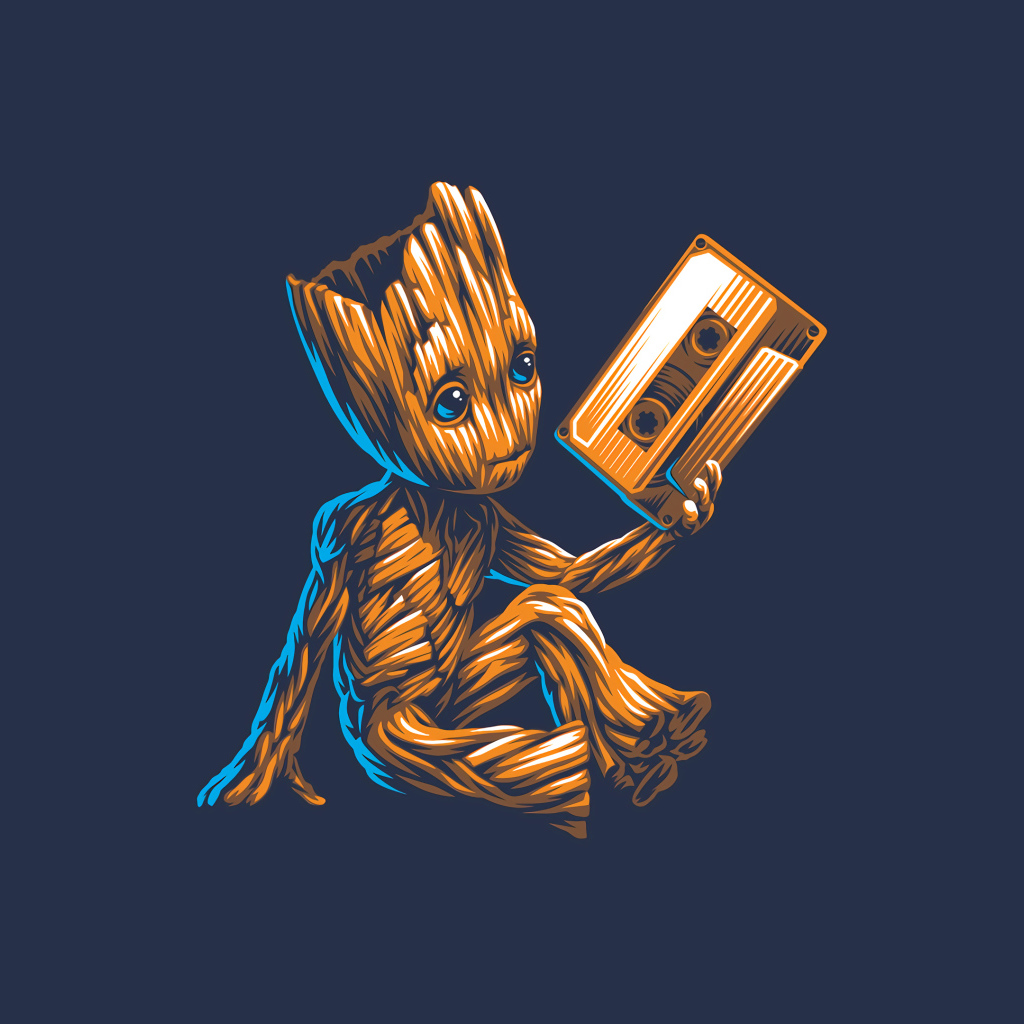 Little Groot with a cassette in his hand