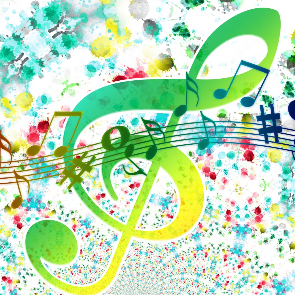 Разноцветный нотный ряд на белом фоне с пятнами 