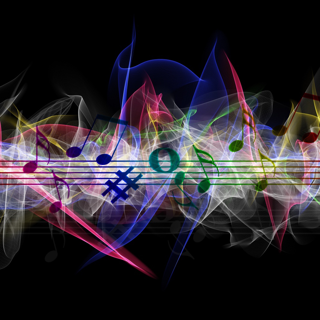 Нотный ряд с разноцветными волнами на черном фоне