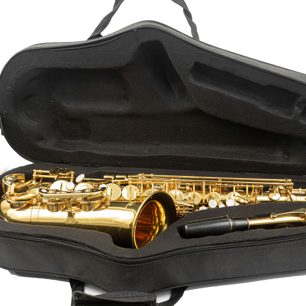 Саксофон в черном чехле на белом фоне