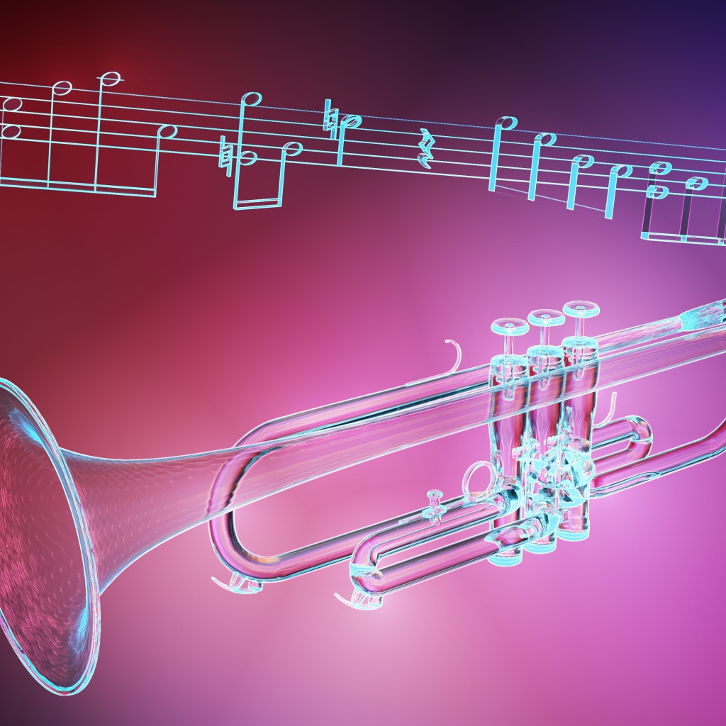Труба и ноты на розовом фоне
