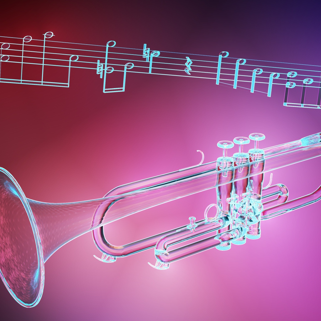 Труба и ноты на розовом фоне