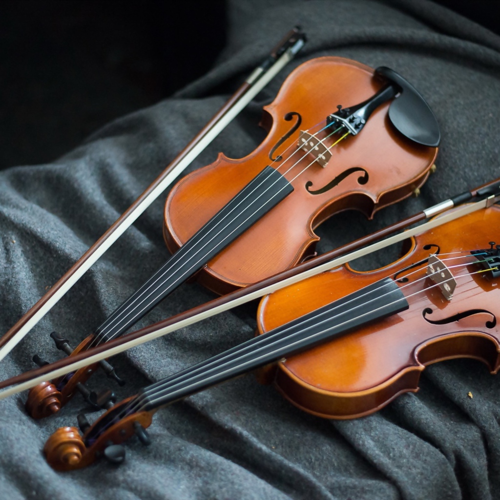 Две деревянные скрипки на ткани 