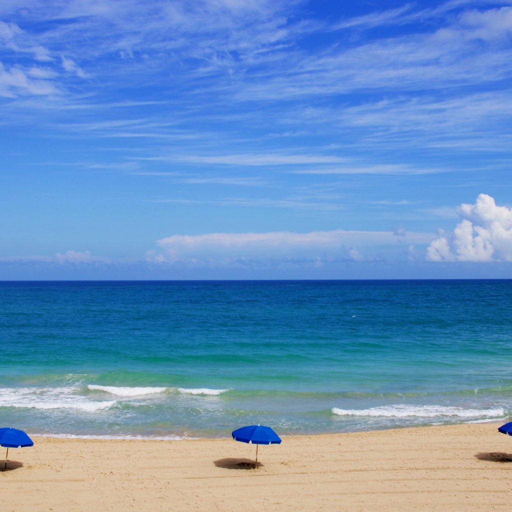 Зонтики на пляже у океана под голубым небом летом