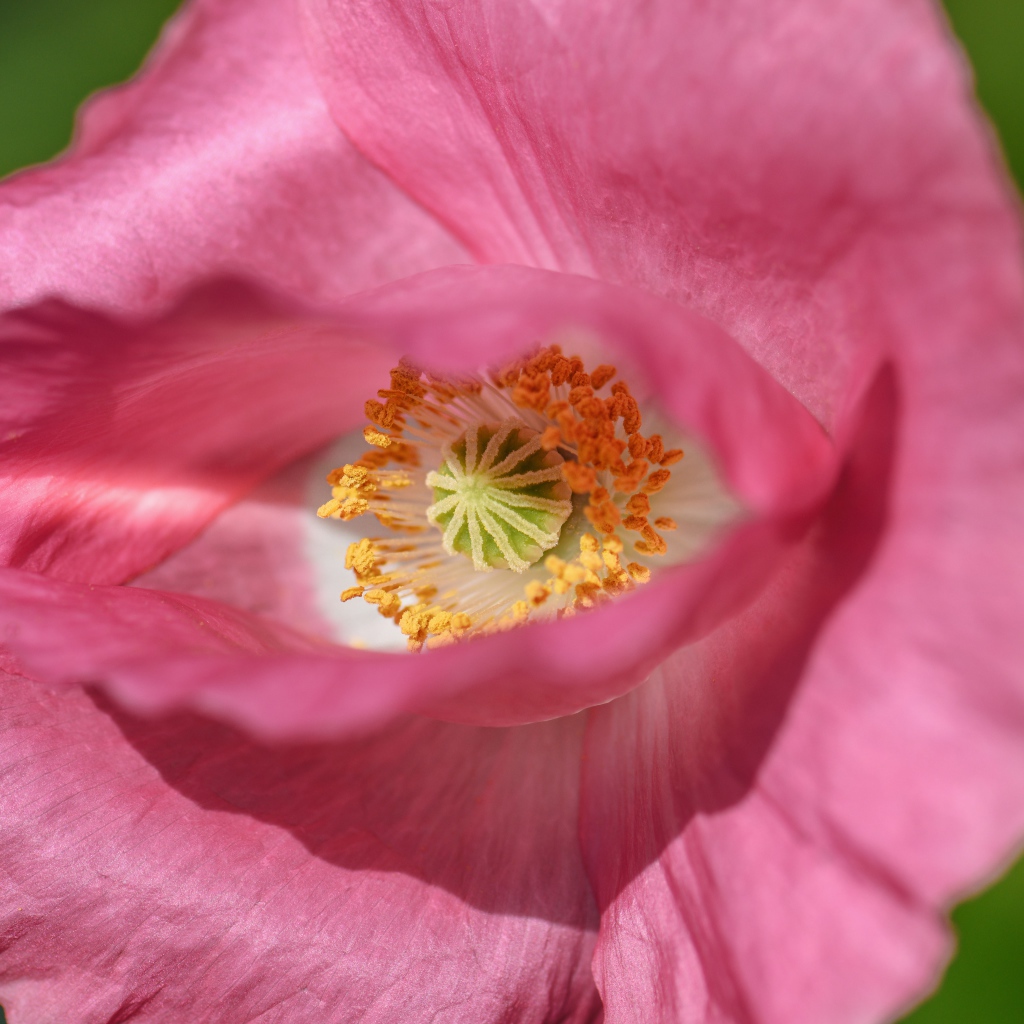 Красивый розовый цветок мака на зеленом фоне