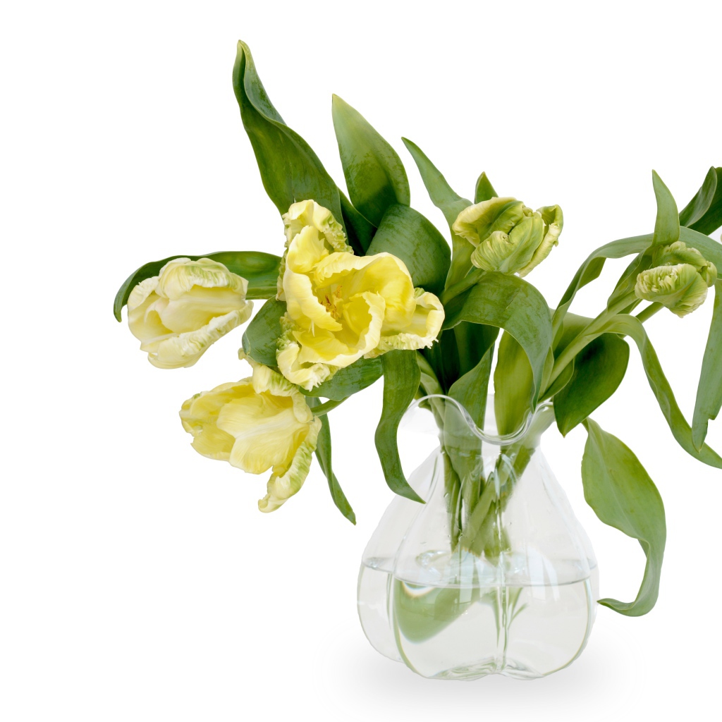 Букет необычных желтых тюльпанов в стеклянной вазе