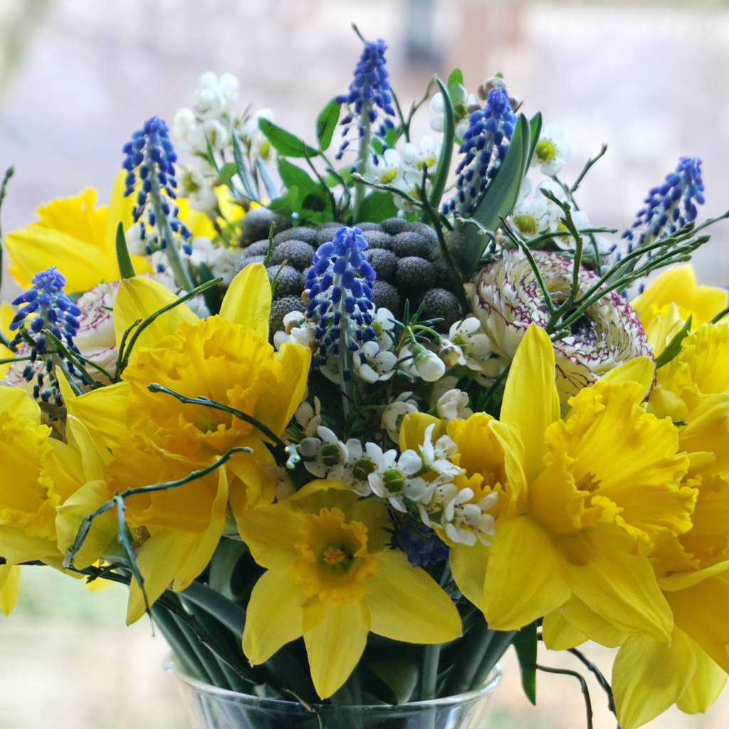Букет желтых нарциссов с другими цветами в вазе