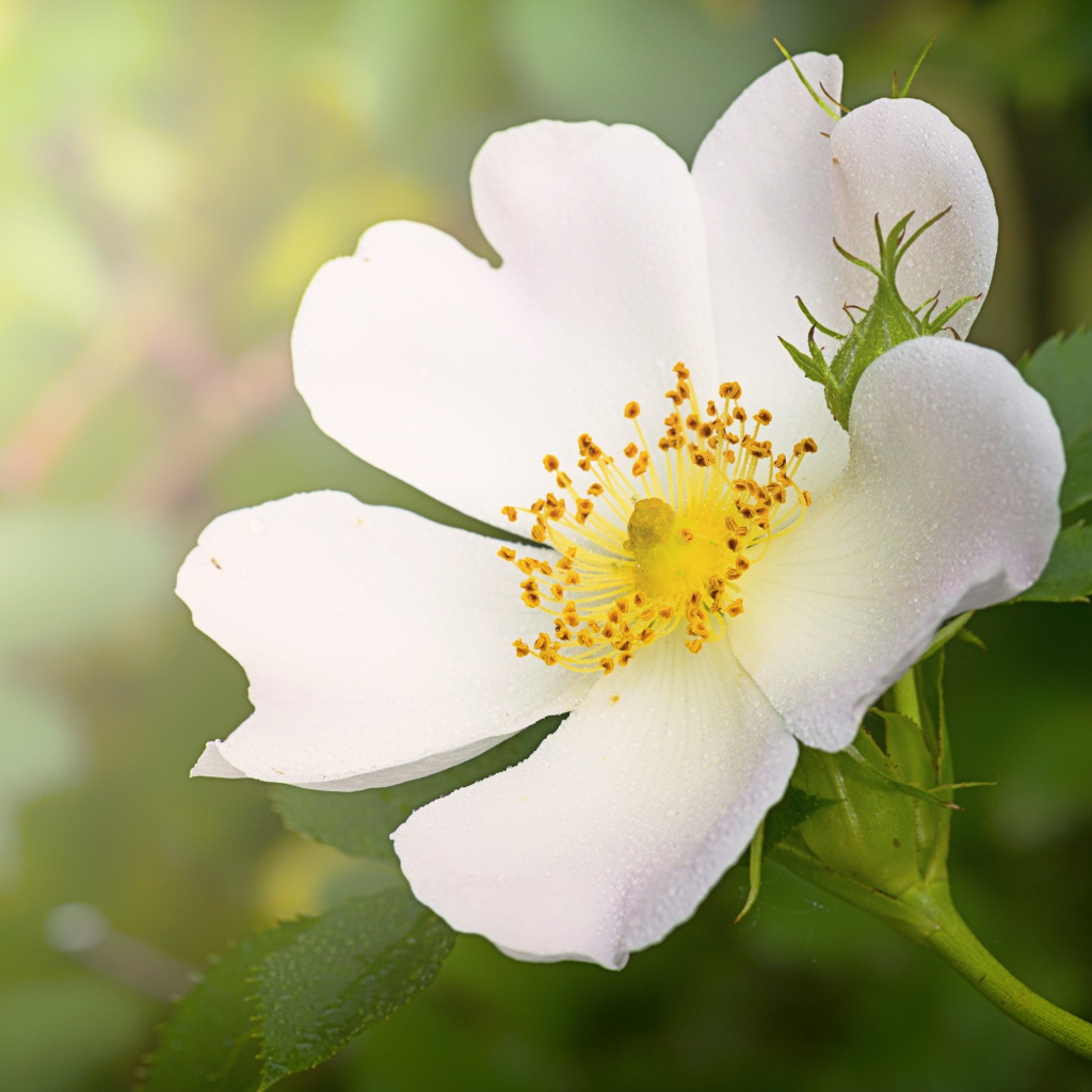 Нежный кремовый цветок шиповника с бутоном