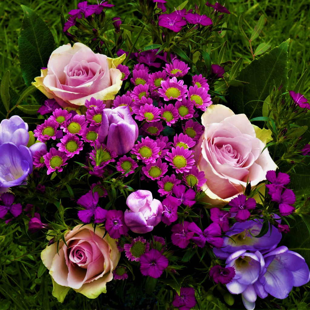 Розы, крокусы и хризантемы на зеленой траве