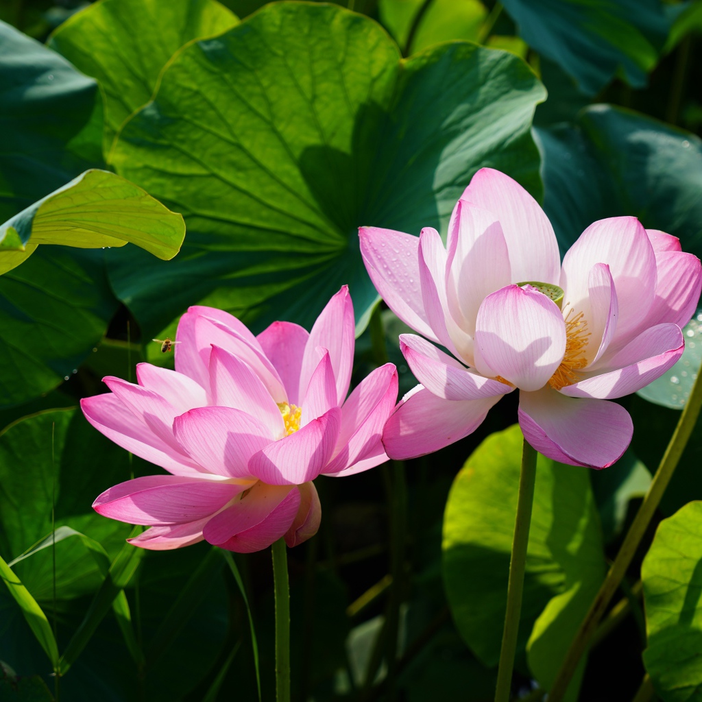 Два розовых цветка лотоса в зеленых листьях