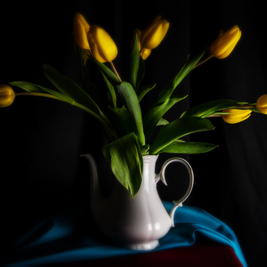 Желтые тюльпаны в белой вазе на черном фоне