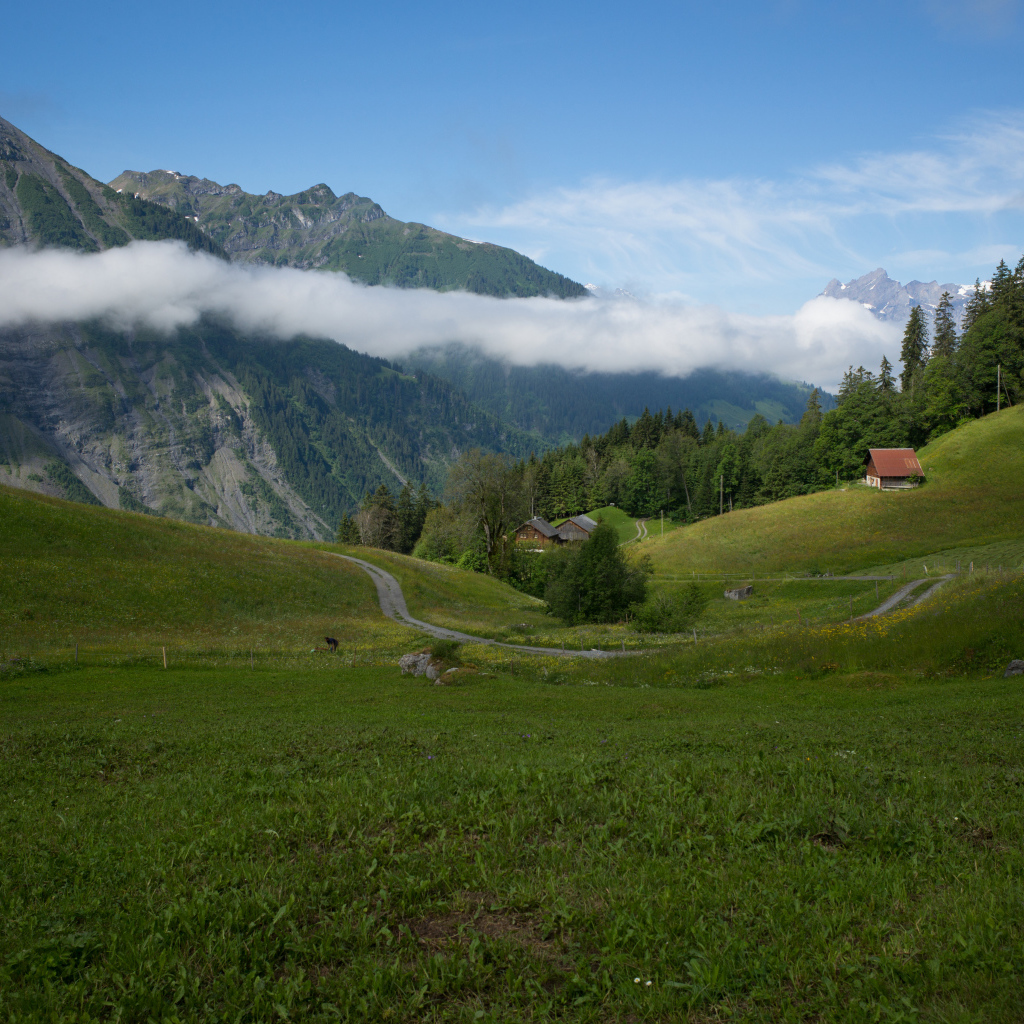 Швейцарские альпы в белых облаках 