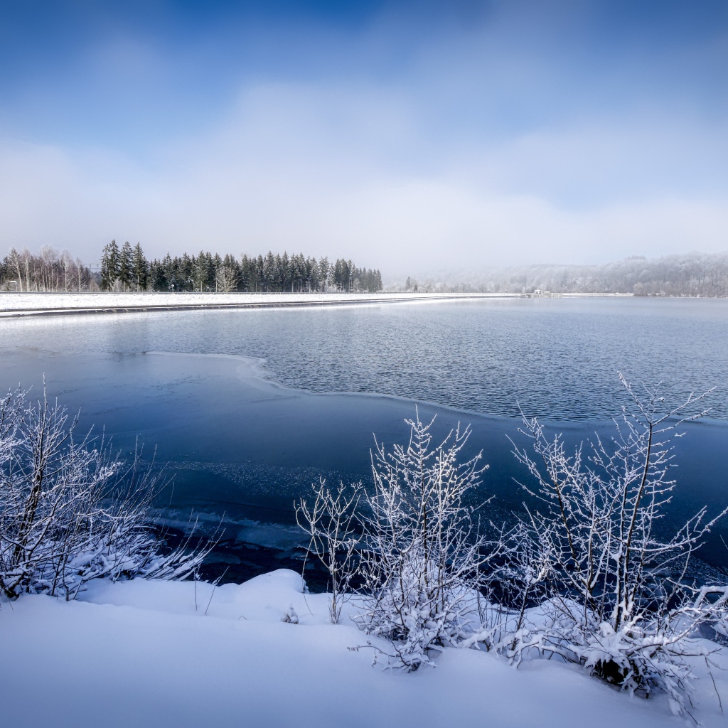 Покрытая льдом река  с заснеженными берегами зимой