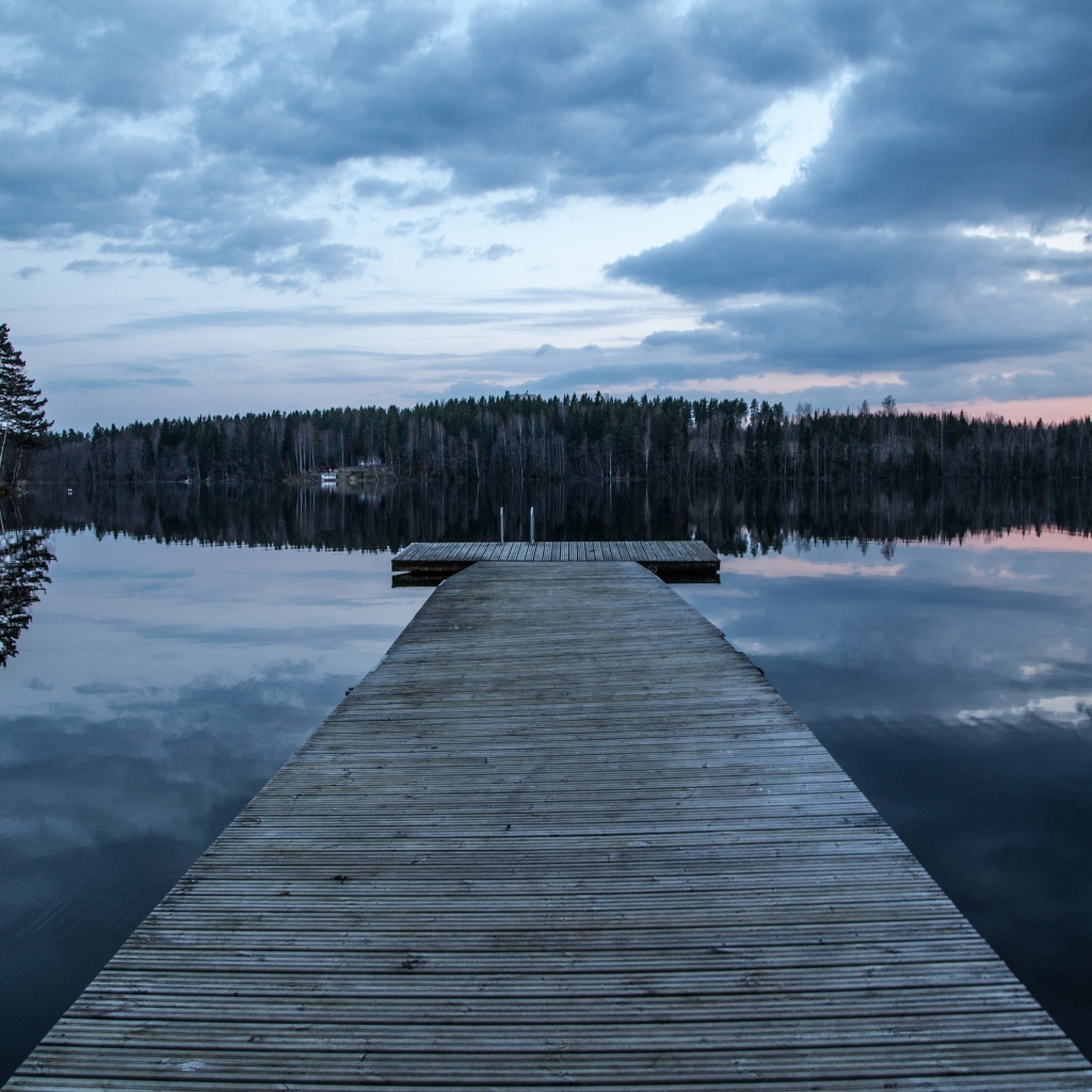 Большой деревянный мост на реке у леса