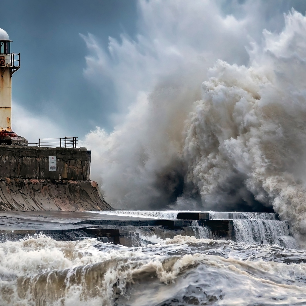 Штормовые волны бьются о маяк 