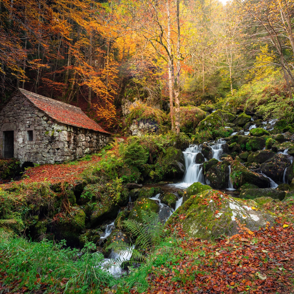 Старый каменный дом в осеннем парке с водопадом