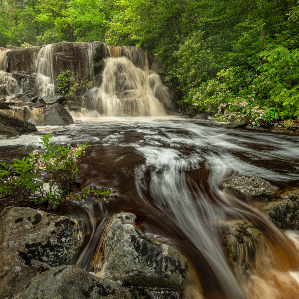 Быстрая холодная вода водопада стекает по большим камням
