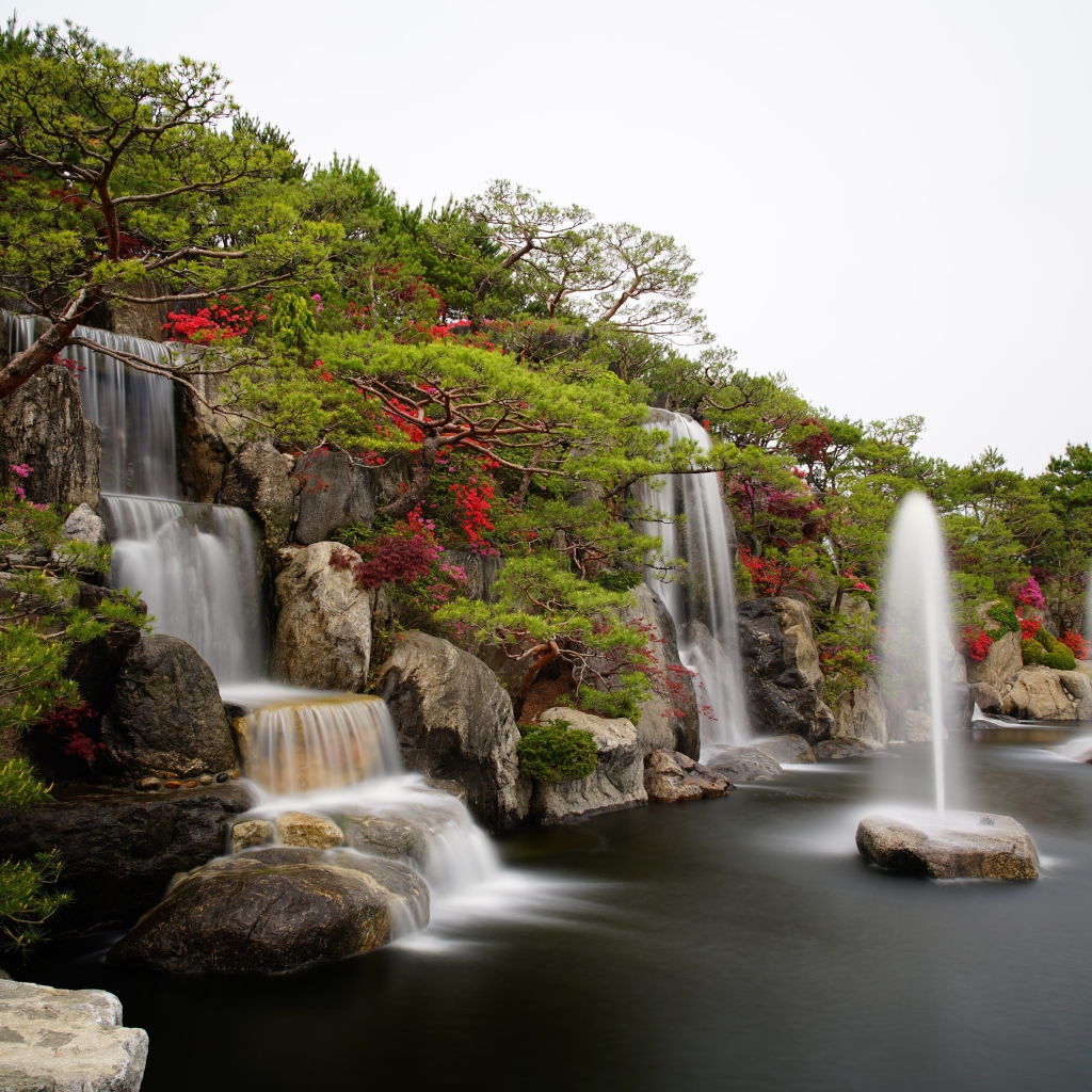Водопады в красивом саду с зелеными деревьями