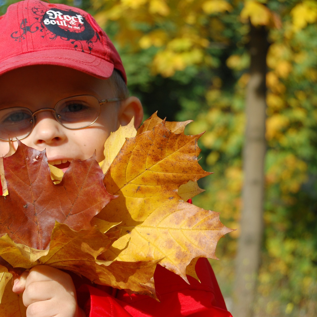 Мальчик в красной кепке с листьями в руках 