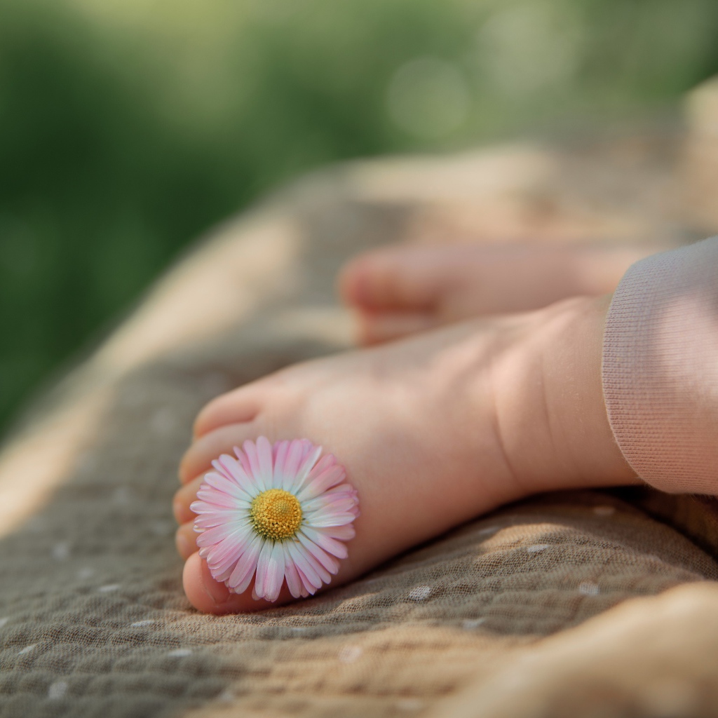 Child's foot with daisy flower