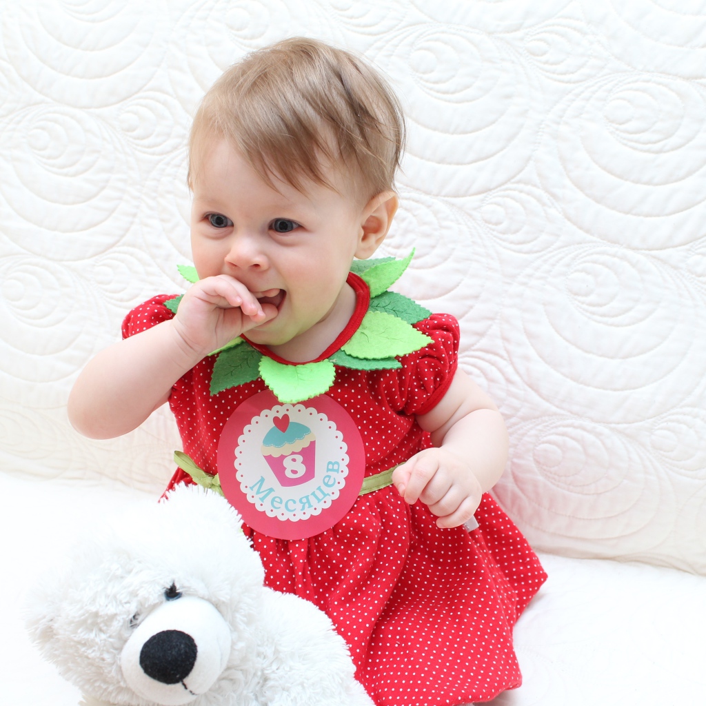 Маленькая девочка в красном платье с игрушкой на белом фоне