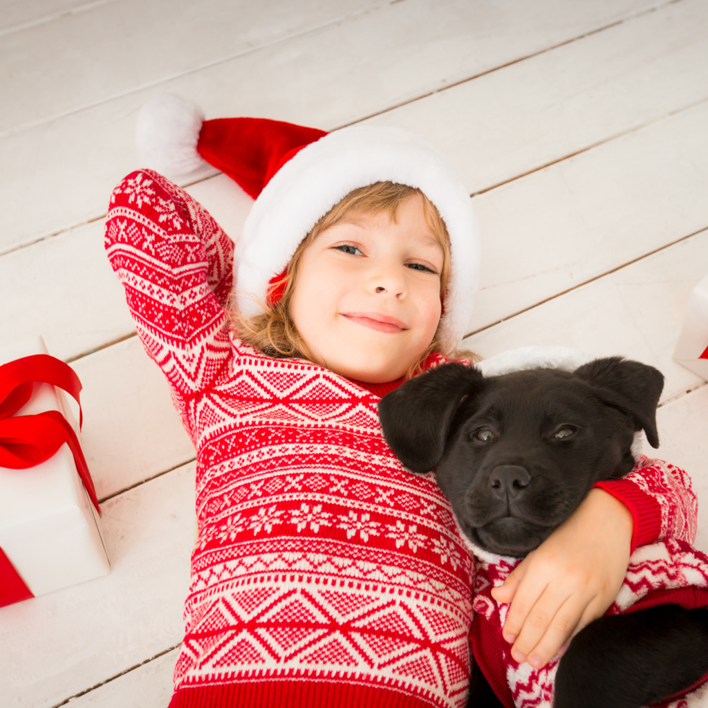Маленькая девочка с собакой и новогодними подарками