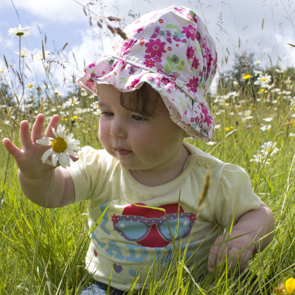 Маленький ребенок в панамке с ромашкой в руке