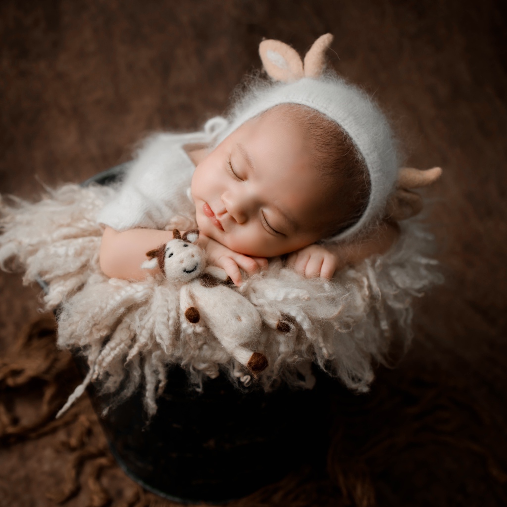 Маленький грудной ребенок спит в ведре